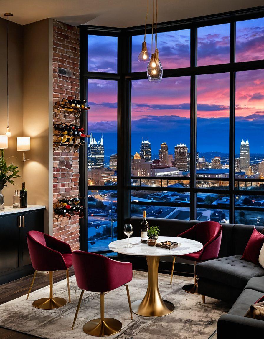 A luxurious apartment interior showcasing a wine-themed decor with elegant wine racks, plush seating, and ambient lighting. A beautiful view of Omaha's skyline through large windows, accompanied by a stylish table set with wine glasses and a bottle of fine wine. Incorporate rich colors like deep burgundy and gold, with plants for a touch of nature. super-realistic. vibrant colors. soft lighting.