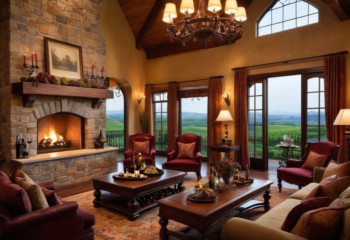 A luxurious living room featuring rich vineyard tones, with large windows showcasing rolling hills of vineyards outside. Incorporate stylish wine racks filled with premium bottles and elegant glassware on a polished wooden table. Include comfortable seating areas with plush pillows, a roaring fireplace, and a beautiful chandelier with grapevine motifs. The atmosphere should exude warmth and sophistication, inviting wine enthusiasts to relax and indulge. super-realistic. vibrant colors. soft lighting.