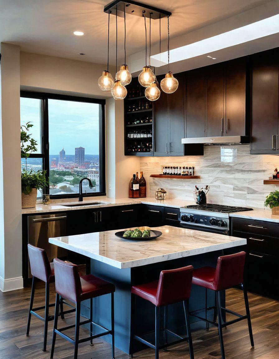 A luxurious, tastefully designed apartment with a modern aesthetic and large windows showcasing the Omaha skyline. The interior features a cozy wine nook with an elegant wine rack filled with diverse bottles, complemented by stylish bar stools and soft lighting. A charcuterie board and a glass of red wine are elegantly placed on a sleek dining table, inviting relaxation and socialization. Beautiful potted plants add a touch of greenery, enhancing the ambiance of tasteful living. super-realistic. vibrant colors. warm lighting.